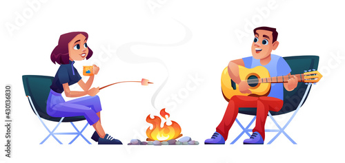 Cartoon happy couple campers people sitting at campfire together, singing song, playing guitar and marshmallow barbecue on fire. Vector man and woman in armchairs, resting on nature, summer adventure