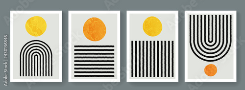Set of trendy minimalist sun rise posters. Mid-Century Modern geometric backgrounds.