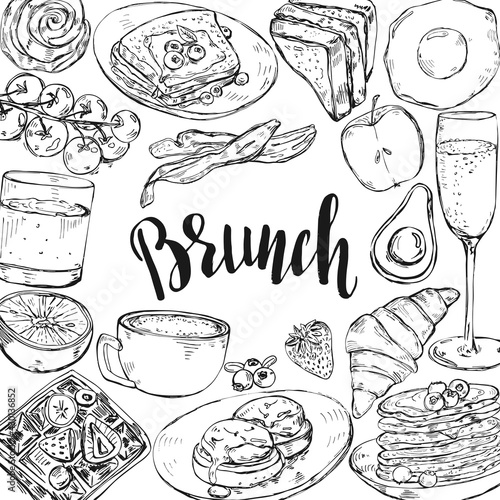 et of hand drawn traditional breakfast dishes, bakery and drinks.