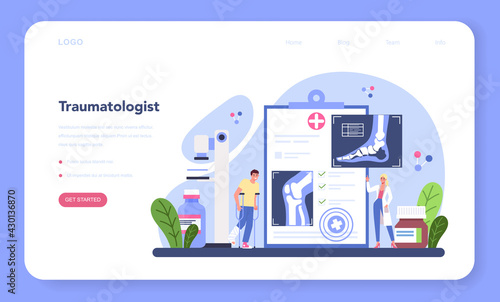 Traumatologist web banner or landing page. Injured limb, broken