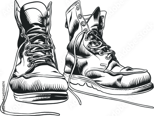 Illustration with vintage old shoes. Isolated sketch object. Flat vector illustration.