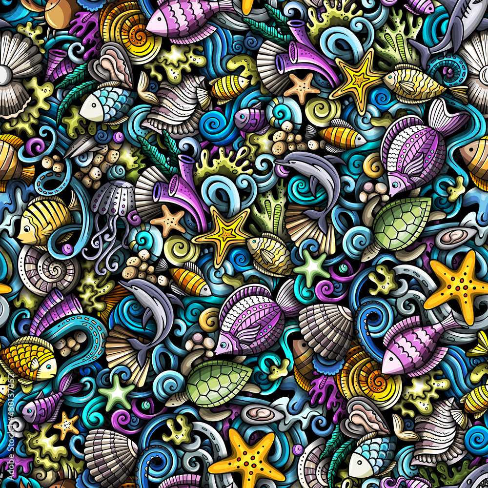 Cartoon doodles Sea Life seamless pattern. Cartoon doodles Sea Life seamless pattern.
