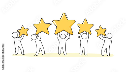Happy people holding five golden stars.