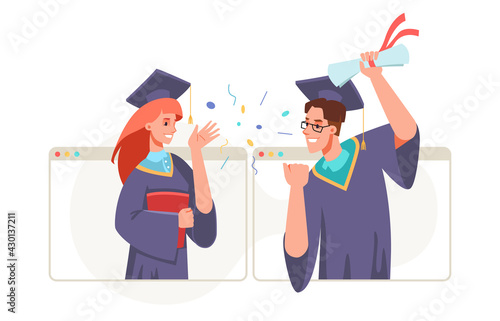 Graduation video conference in laptop, college or university high school student with diplomas in hands celebrate graduate ceremony from home. Online celebration new reality, covid coronavirus