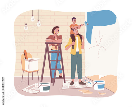 Family together doing house repair works. Vector son sitting on fathers shoulders, painting walls in new flat. Parents and children making renovation in apartments. Mother and ladder, kid with roller
