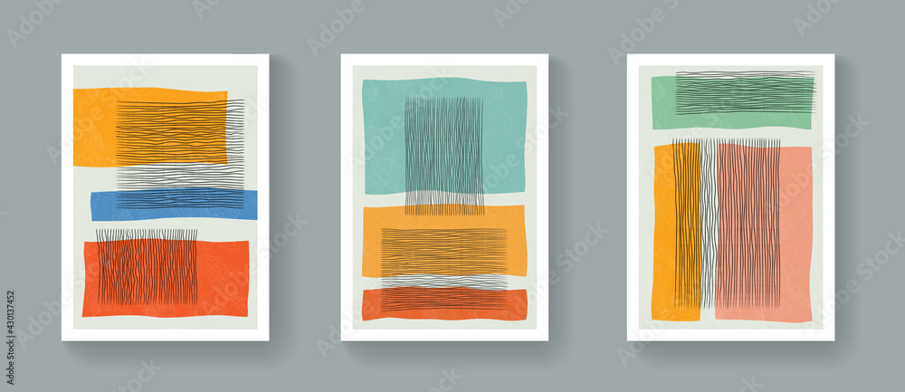 Set of abstract minimalist geometric posters. Mid-Century Modern Contemporary Art Vector Design. Bohemian style illustration with shapes. - obrazy, fototapety, plakaty 
