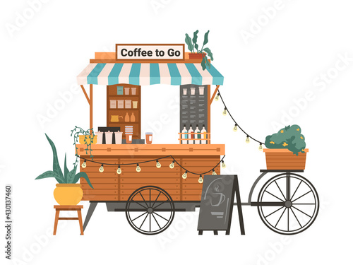 Coffee mobile bike kiosk isolated small takeout takeaway shop. Vector street food cart with awning, trolley small market on wheels with hot drinks and beverages. Potted plants and lamps garland