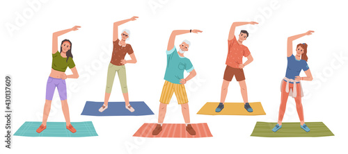 Fitness yoga classes on mats  healthy man and woman stretching hands standing on rugs. Vector people doing sport exercises  flat cartoon characters. Sportsman training together  workout