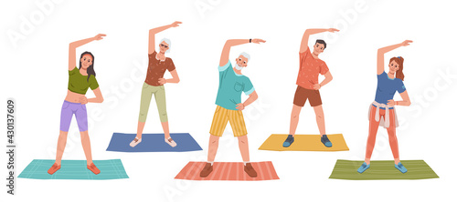 Fitness yoga classes on mats, healthy man and woman stretching hands standing on rugs. Vector people doing sport exercises, flat cartoon characters. Sportsman training together, workout