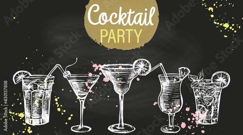 Set of hand drawn cocktails on the blackboard.