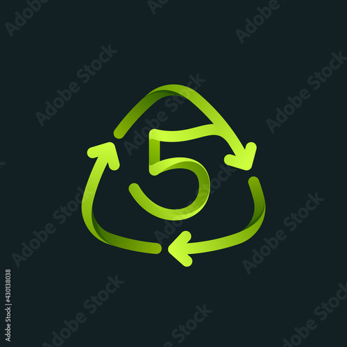 Recycling symbol with number five line logo.