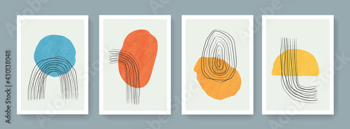Set of minimal geometric posters. Mid-Century Modern Art with Watercolor Shapes. Trendy artistic abstract background.