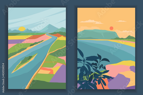 Abstract coloful landscape poster collection. Set of contemporary art print templates. Nature backgrounds for your social media. Sun and moon  sea  mountains  ocean  river  bird  fields.