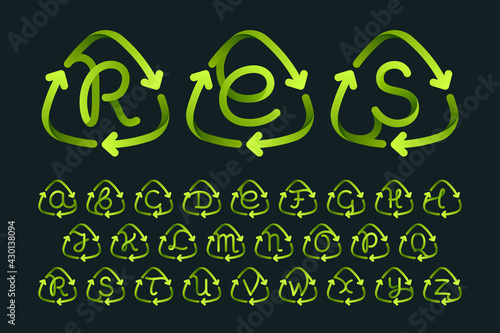 Alphabet in recycling symbols.