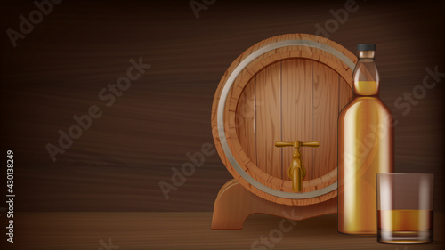 A bottle and a glass of whisky and cask on wooden background. Vector illustration.