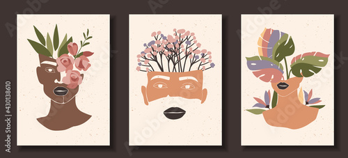 Set of abstract female shapes and silhouettes on textured background. Abstract women lips, eyes, face in pastel colors. Collection of contemporary art posters. Flowers and leaves compositions.