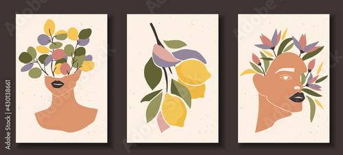 Set of abstract female shapes and silhouettes on textured background. Abstract women eyes, faces, lips in pastel colours. Collection of contemporary art posters. Flowers and leaves, lemons composition