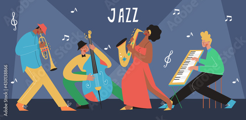 Live music band playing on the saxophone, trombone, double bass, piano. People playing musical instruments. Suitable for acoustic music events and jazz concerts.