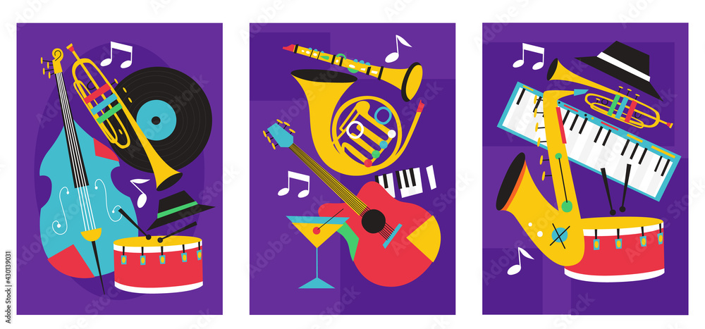 Set of jazz festival posters with saxophone, trombone, clarinet, violin, double bass, piano, trumpet, bass drum and banjo, guitar. Suitable for acoustic music events and jazz concert.