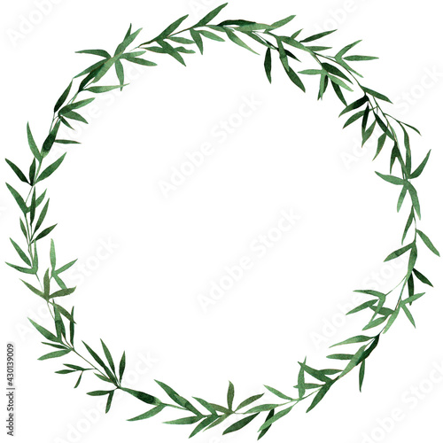 Watercolor wreath of green bamboo leaves on a white background. A circle. 