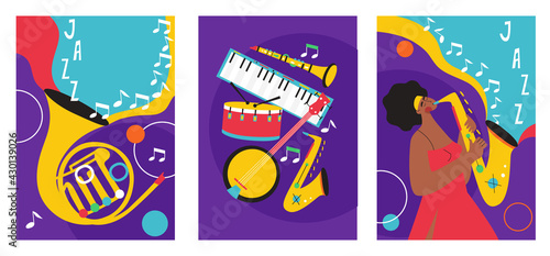 Set of jazz festival posters. Compositions included saxophone, trombone, clarinet, violin, double bass, piano, trumpet, bass drum and banjo, guitar. Suitable for acoustic music events and jazz concert
