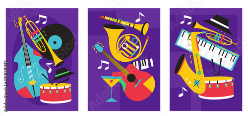 Set of jazz festival posters with saxophone, trombone, clarinet, violin, double bass, piano, trumpet, bass drum and banjo, guitar. Suitable for acoustic music events and jazz concert.