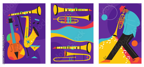 Set of jazz festival posters. Vector compositions included: saxophone, trombone, clarinet, violin, double bass, piano, trumpet, bass drum and banjo, guitar. Suitable for acoustic music events and jazz