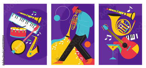 Set of jazz festival posters. Vector compositions included: saxophone, trombone, clarinet, violin, double bass, piano, trumpet, bass drum and banjo, guitar. Suitable for music events and jazz concerts
