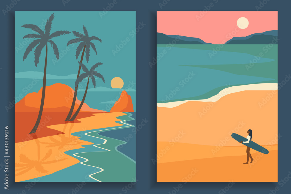Abstract coloful landscape poster collection. Set of contemporary art beach print templates. Nature backgrounds for your social media. Sun and moon, sea, mountains, ocean, palms.