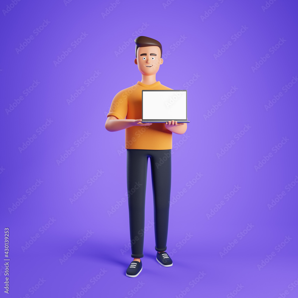 Cartoon character man with laptop white blank screen stand over purple background. Cartoon character man with laptop white blank screen stand over purple background.
