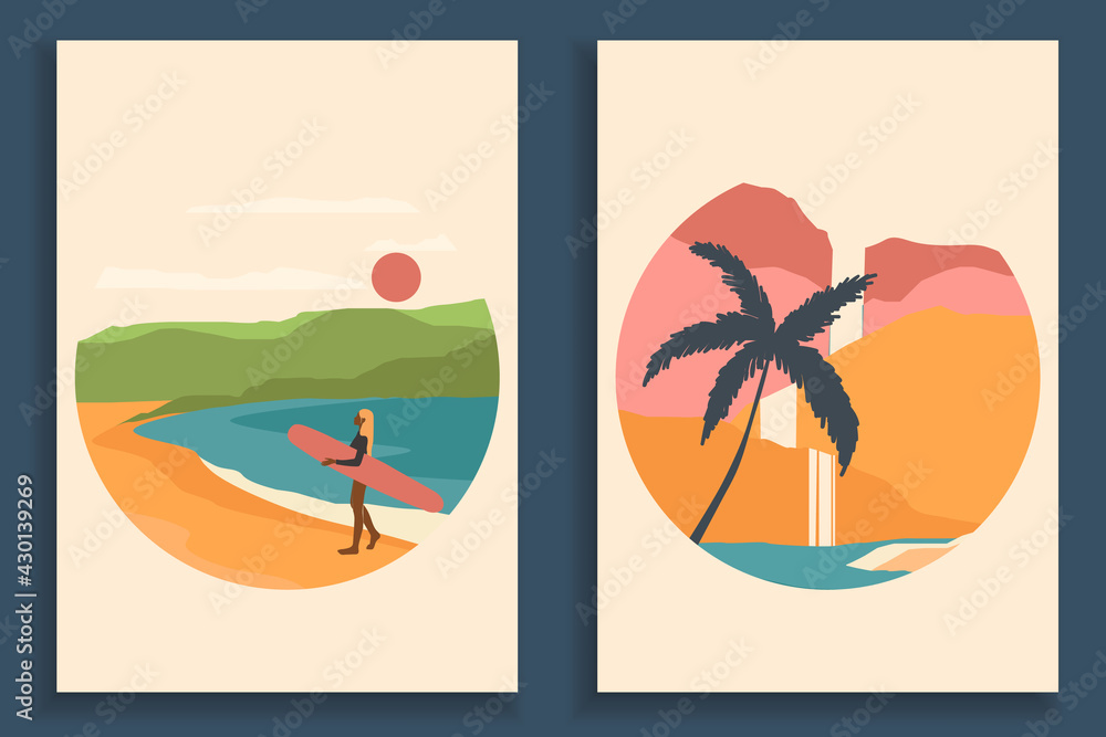 Abstract colourful landscape poster collection. Set of contemporary art beach print templates. Nature backgrounds for your social media. Sun and moon, sea, mountains, ocean, palms, surfers.