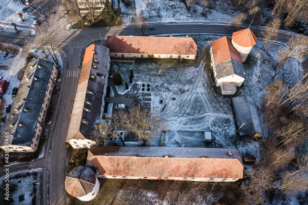 Aerial view of Alsunga Livonian Order castle in winter, Latvia.