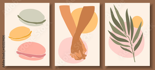Abstract posters with hands on abstract background. Man holding woman's hand in pastel colors. Collection of contemporary art posters. Abstract geometric shape, leaves, sweets, macaroon.