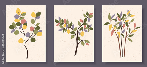Collection of contemporary art posters in pastel colours. Abstract leaves and fruits, branches, lemons. Great design for social media, postcards, print.