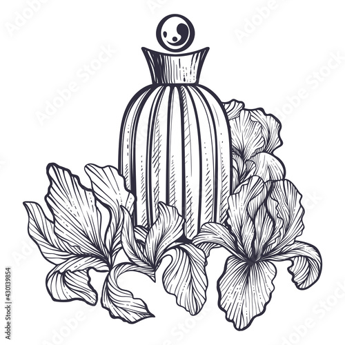 Perfume bottles with iris flowers around, monochrome vector