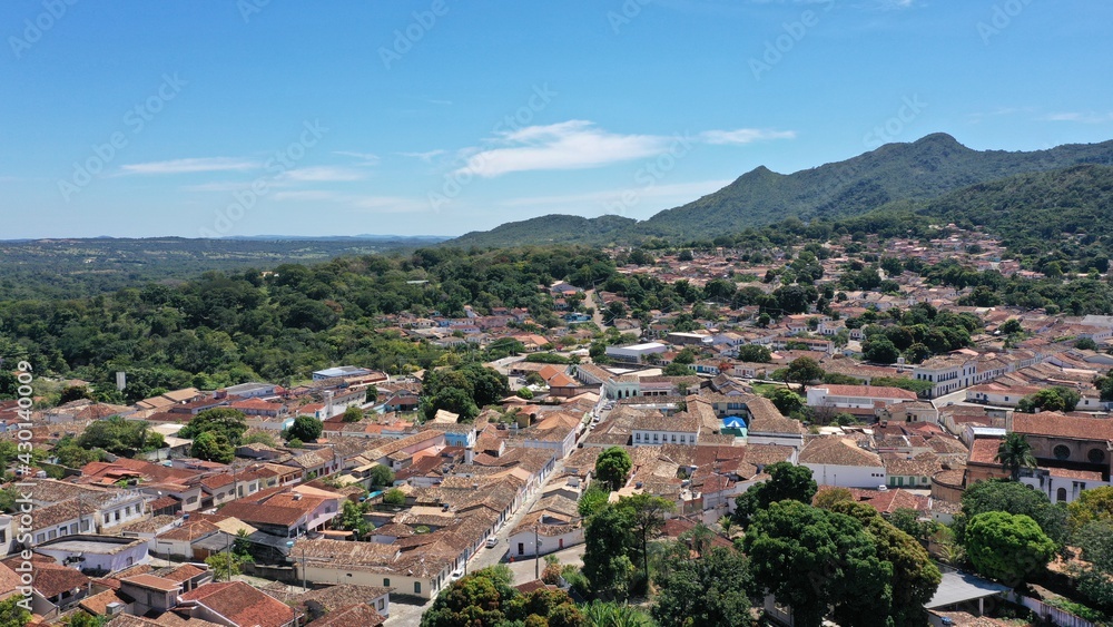 Panoramic view of the historical city of Cidade de Goias with cobblestone streets and colorful colonial houses. Goias, Brazil 