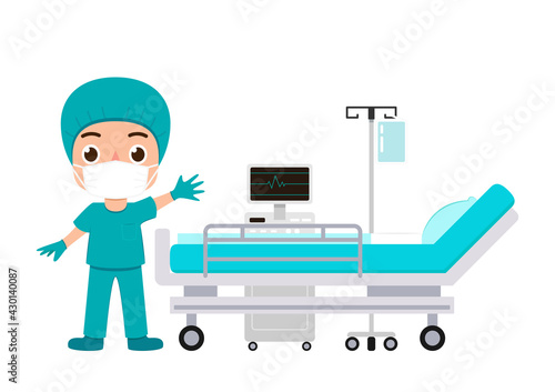 Doctors characters in white medical face mask. Hospital bed vector. Hospital bed on white background.
