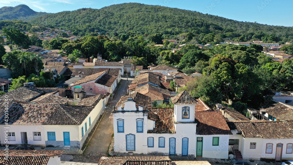 Beautiful perspective of colonial style buildings and colorful houses in the historical district of Cidade de Goias, former Goias Velho City in Goias State, Brazil 