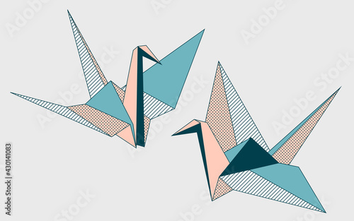 Origami cranes vector artwork. Illustration of two abstract birds. Traditional asian symbolic animal.