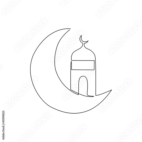 A line image of the moon and the mosque and a white background, Islamic decoration. Ramadan Kareem. Continuous line drawing vector description