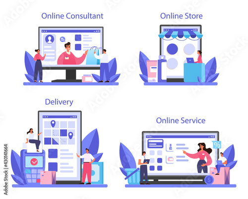 Seller online service or platform set. Professional worker in the supermarket