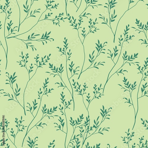 Seamless natural pattern. Turquoise tree branches with leaves on a green background. Botanical illustration. Design of wallpaper, fabrics, textiles, packaging, posters, postcards, wedding design. 