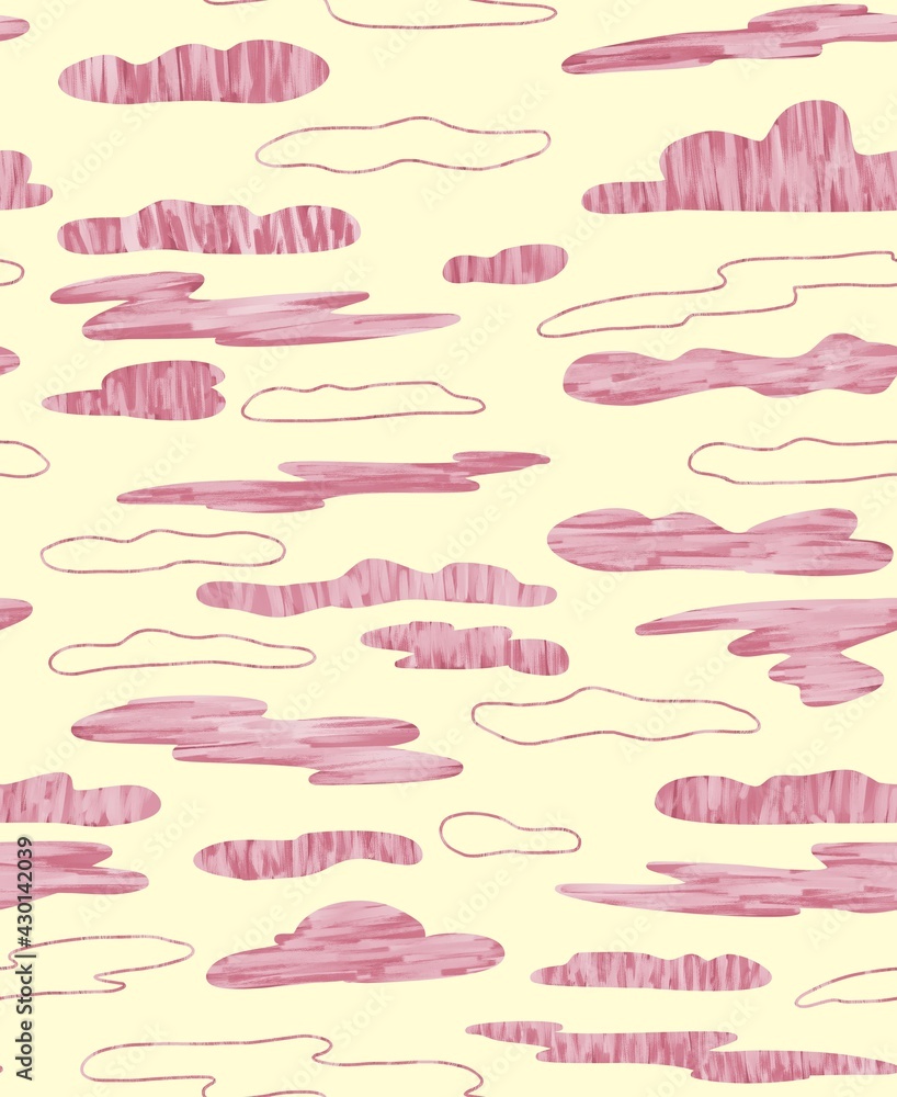 Seamless pattern of pink clouds on a beige pastel background. Digital oil simulation. Design of wallpaper, fabrics, textiles, packaging, posters, postcards.
