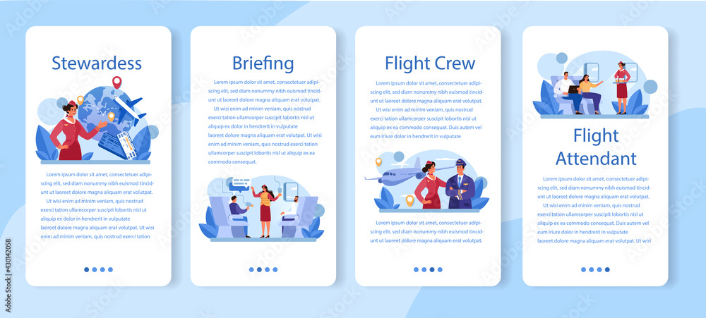 Stewardess mobile application banner set. Flight attendants help passenger