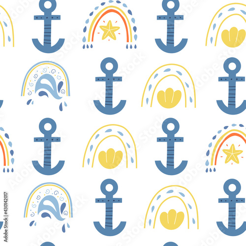 Seamless vector sea background with anchor. Sea ​​background. Great for wrapping paper, fabrics, covers and cards. Vector illustration.