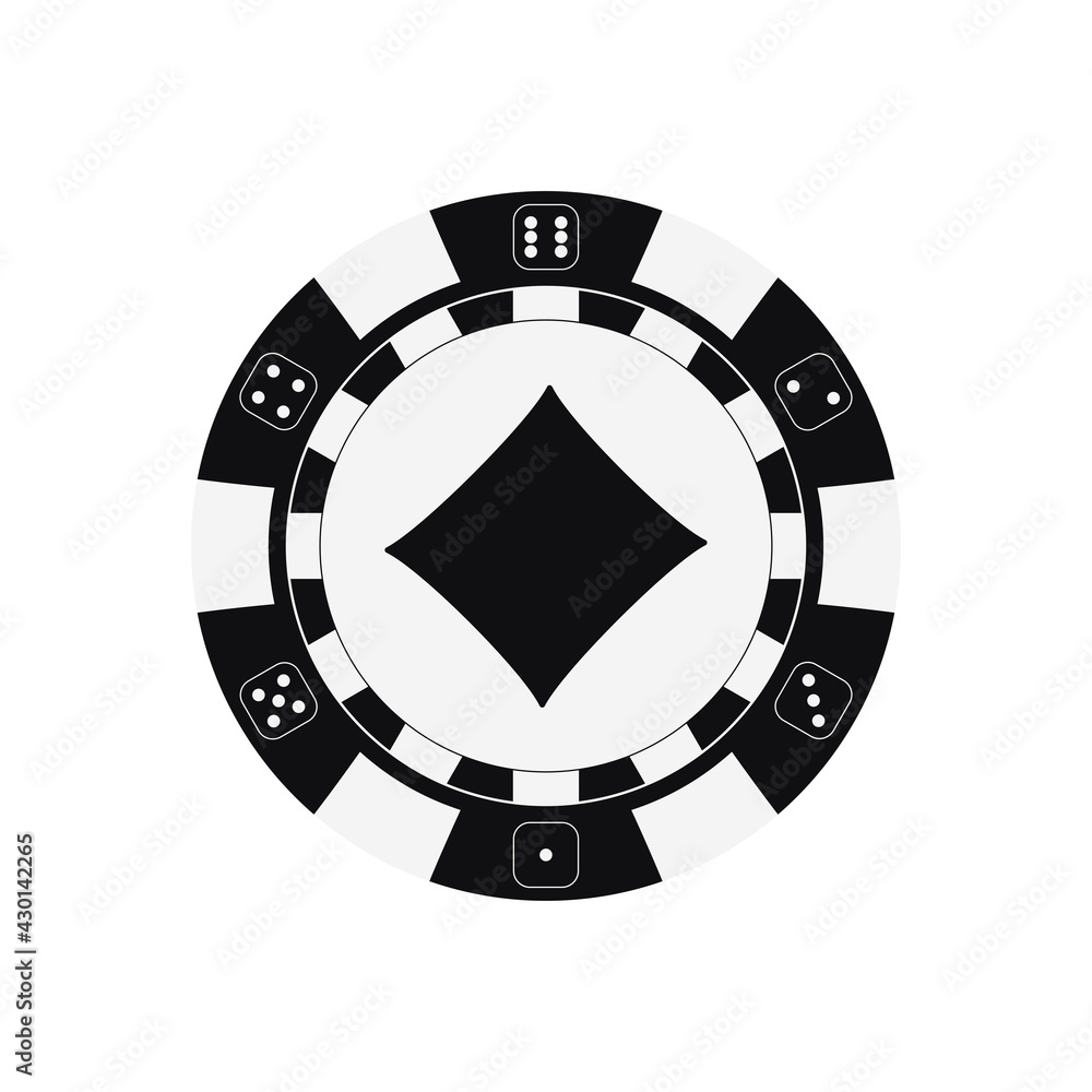 Naklejka premium Poker game chip with diamonds card suit. Black and white casino token icon isolated on white background. Vector simple flat design cartoon style clip art illustration. 