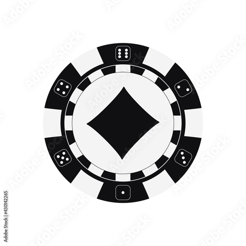 Poker game chip with diamonds card suit. Black and white casino token icon isolated on white background. Vector simple flat design cartoon style clip art illustration. 
