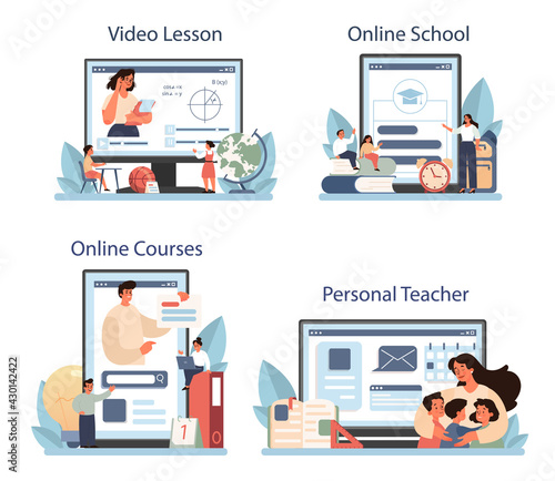 Teacher online service or platform set. Profesor standing