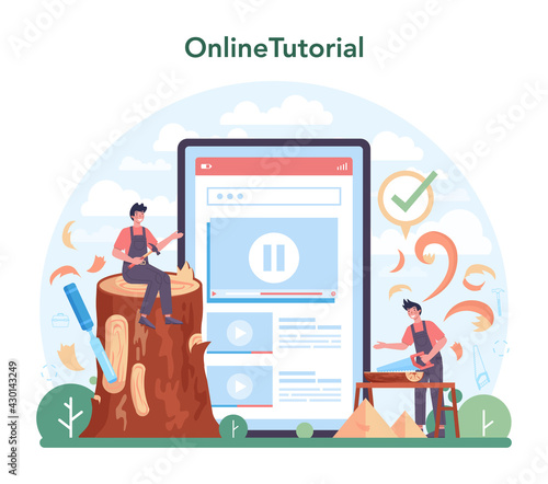 Carpenter online service or platform. Woodworker processing wood-block © inspiring.team