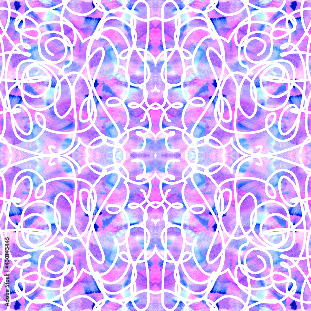 Abstract white line doodle seamless pattern with watercolor blue-purple texture.Hand drawn ethno style background. Abstract white line doodle seamless pattern with watercolor blue-purple texture.Hand drawn ethno style background.